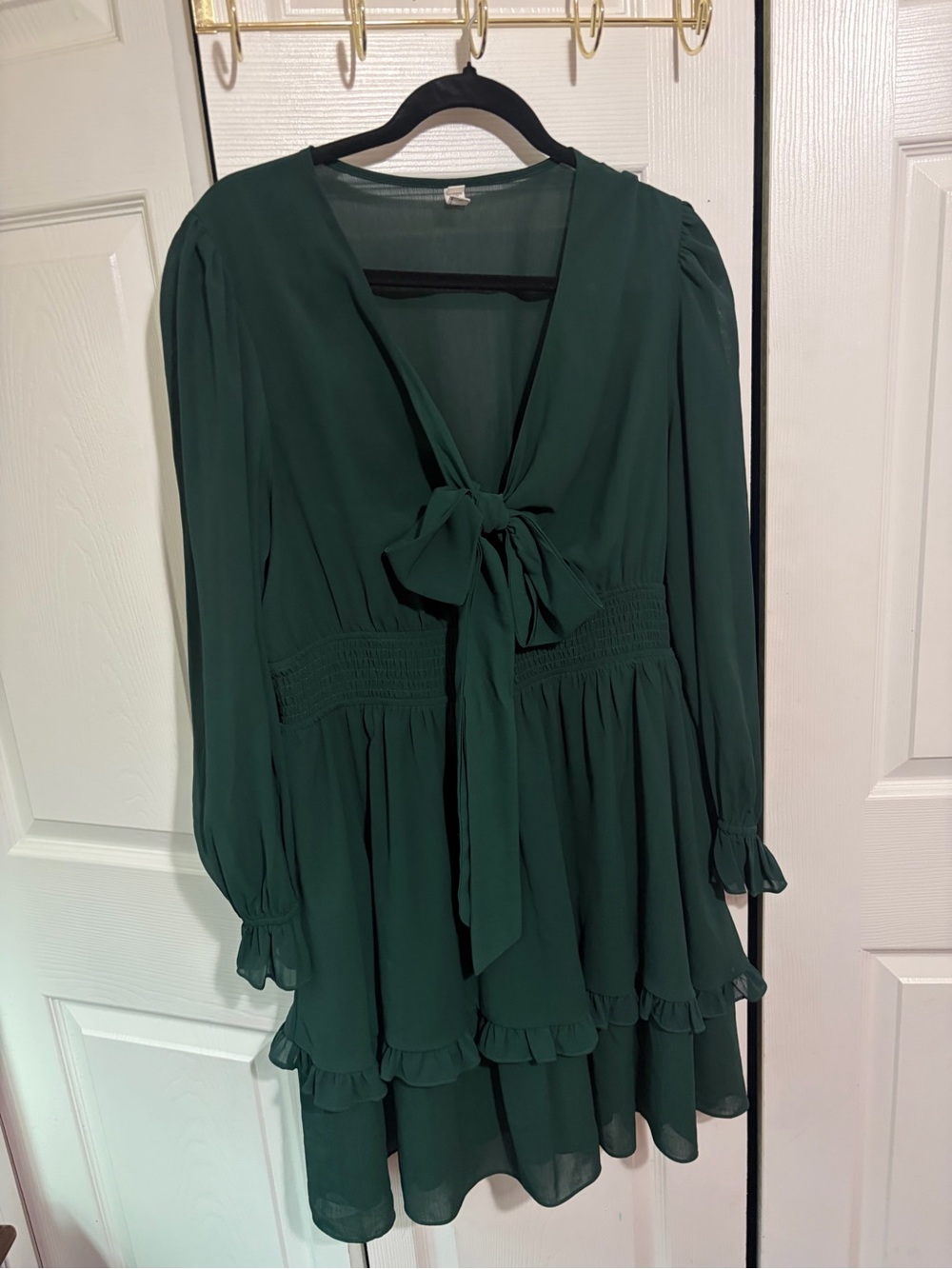 Long Sleeve Tie-Neck Ruffle Dress in Forest Green